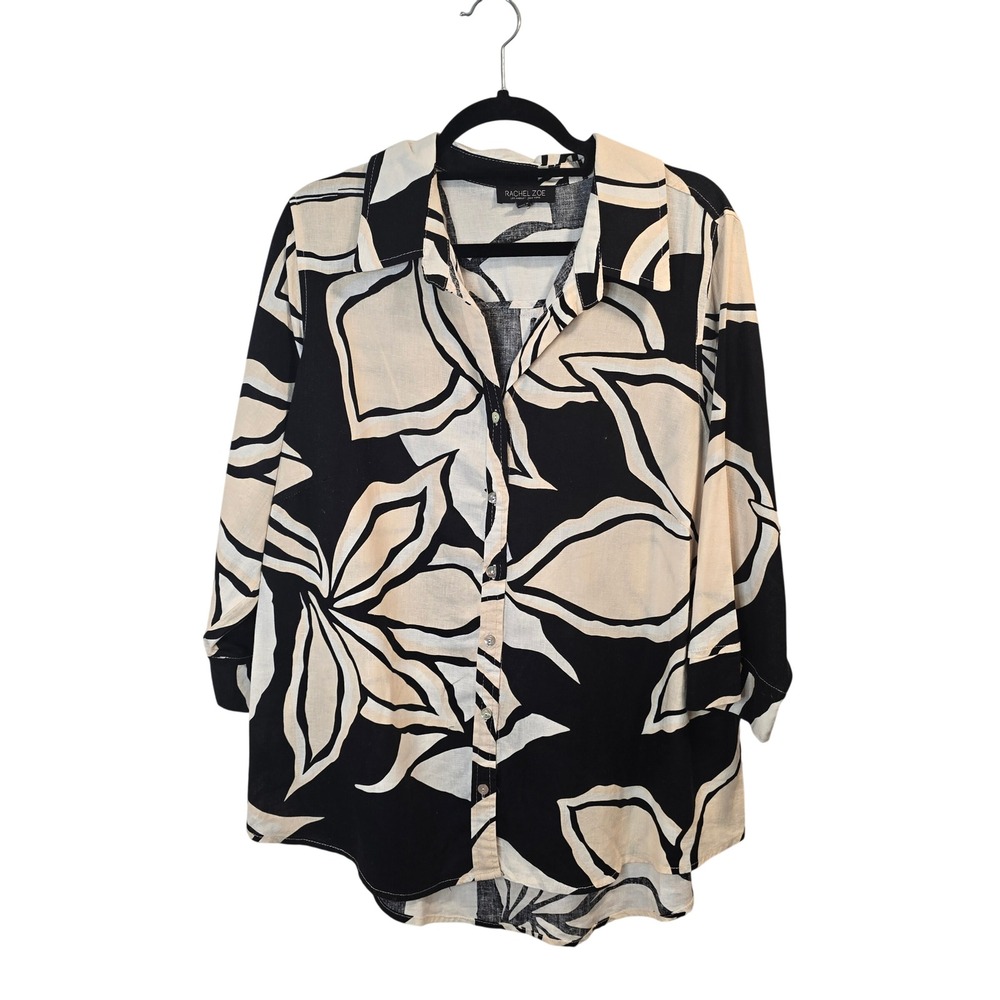 Rachel Zoe Button Down Shirt Women 1X Black Cream Floral Linen Blend Tunic